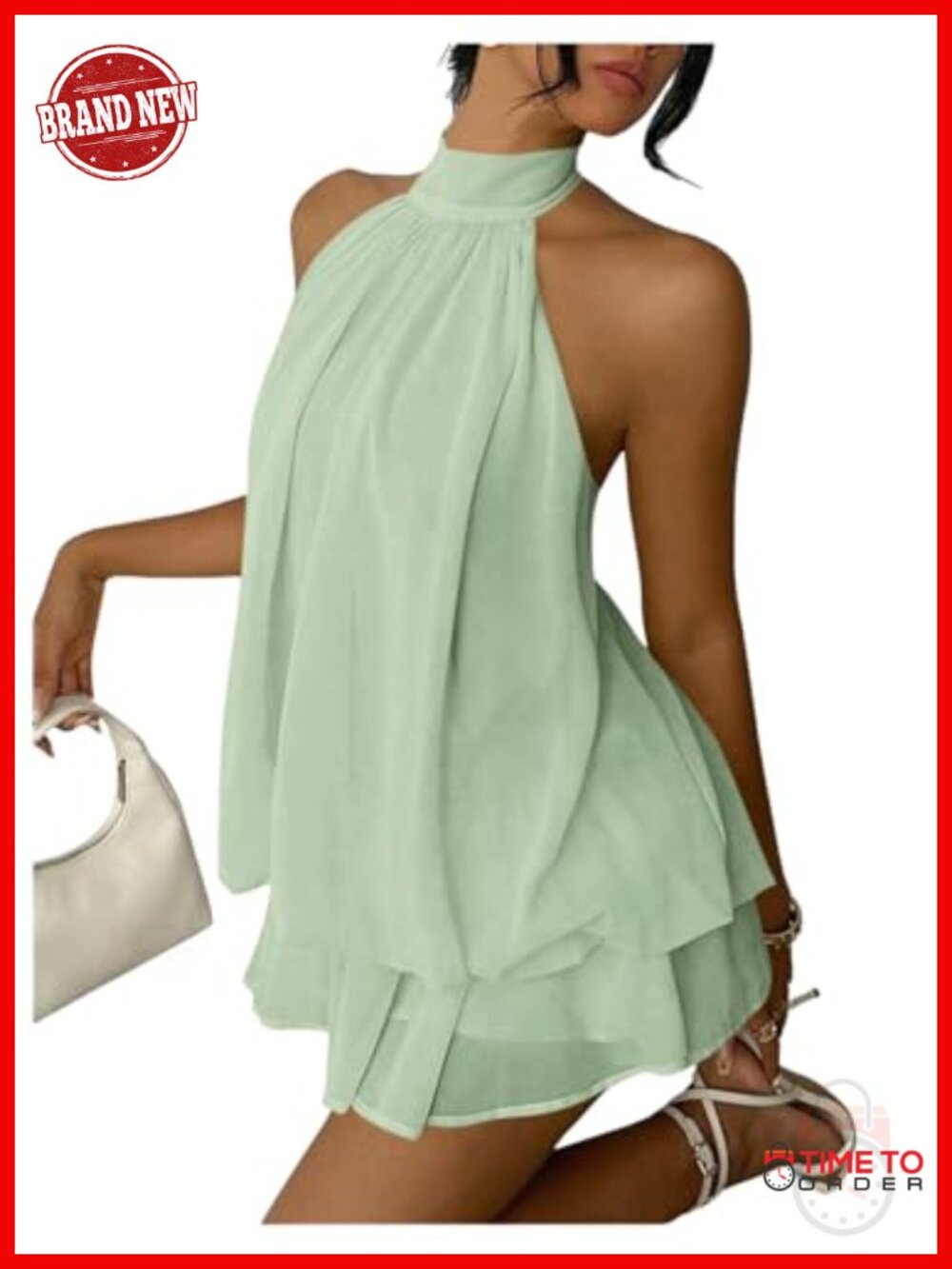 Chiffon Halter Drop Waist Flowy Mini Dress Sleeveless A-Line
